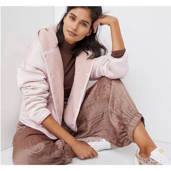 Anthropologie Saturday Sunday Reversible Satin Leona Pink Hoodie Snap Fleece Jac - Picture 1 of 9